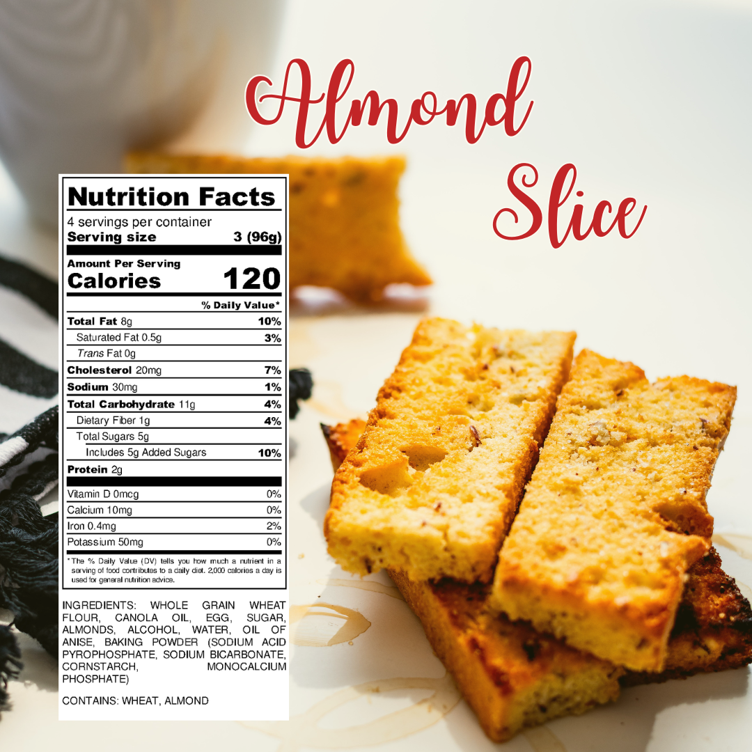 Golden almond slice cookies on a light surface next to a nutrition label showing calories and ingredients.