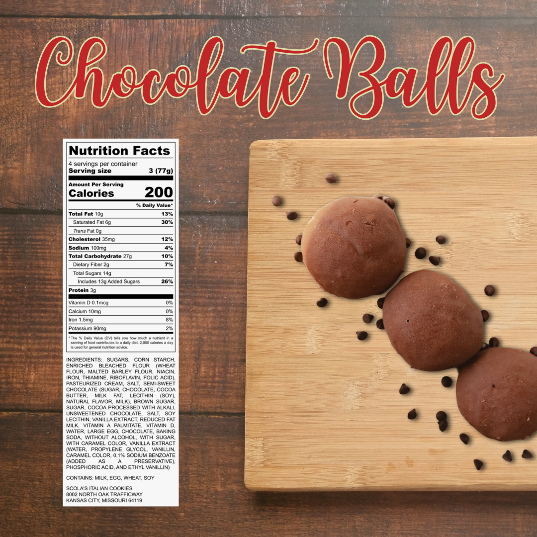 Three chocolate ball cookies arranged on a wooden board with chocolate chips scattered around and nutrition label on the left.