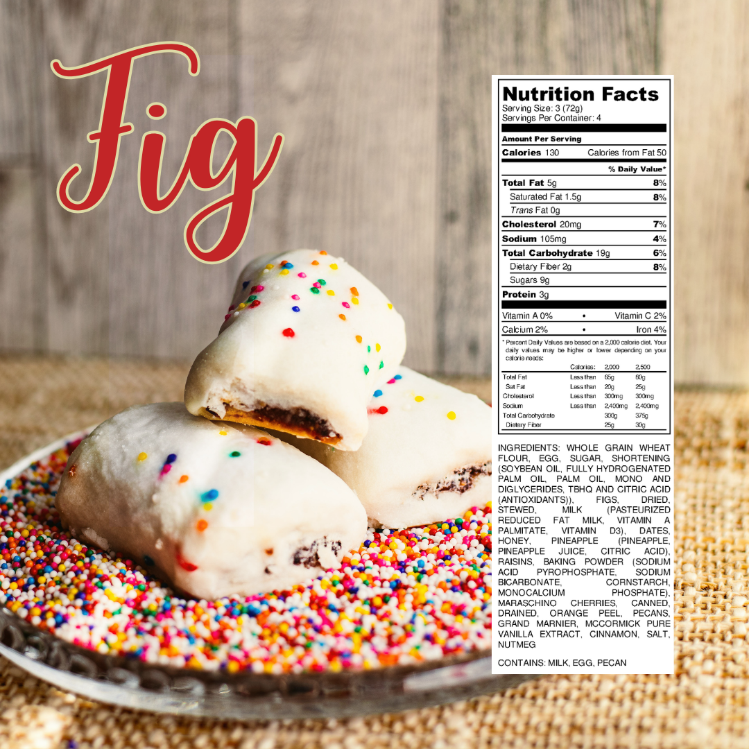 Fig-filled cookies topped with white icing and rainbow sprinkles on a sprinkle-covered plate, with nutrition label displayed.