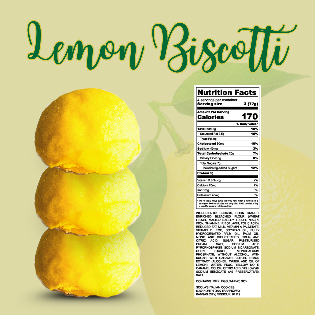 Stack of lemon biscotti cookies against a lemon-colored background with nutrition facts on the right.