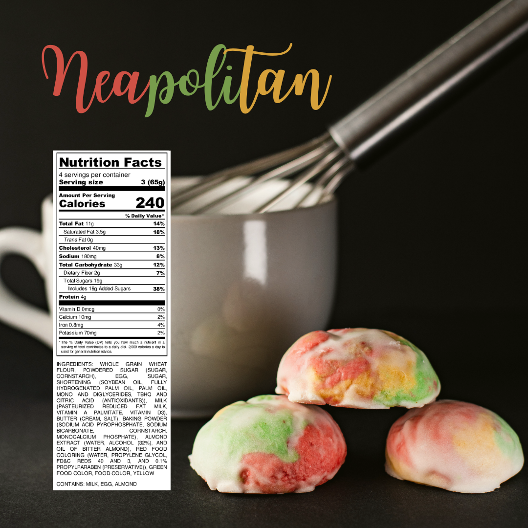 Neapolitan cookies with red, green, and yellow icing stacked near a whisk and mug, with a nutrition label on the left.