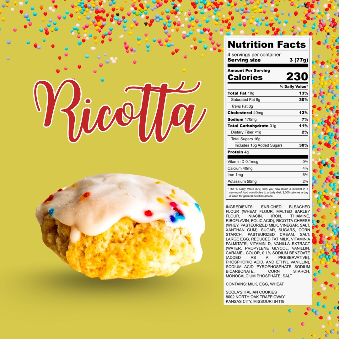 Single ricotta cookie with white icing and colorful sprinkles on a yellow background, with nutrition label displayed.