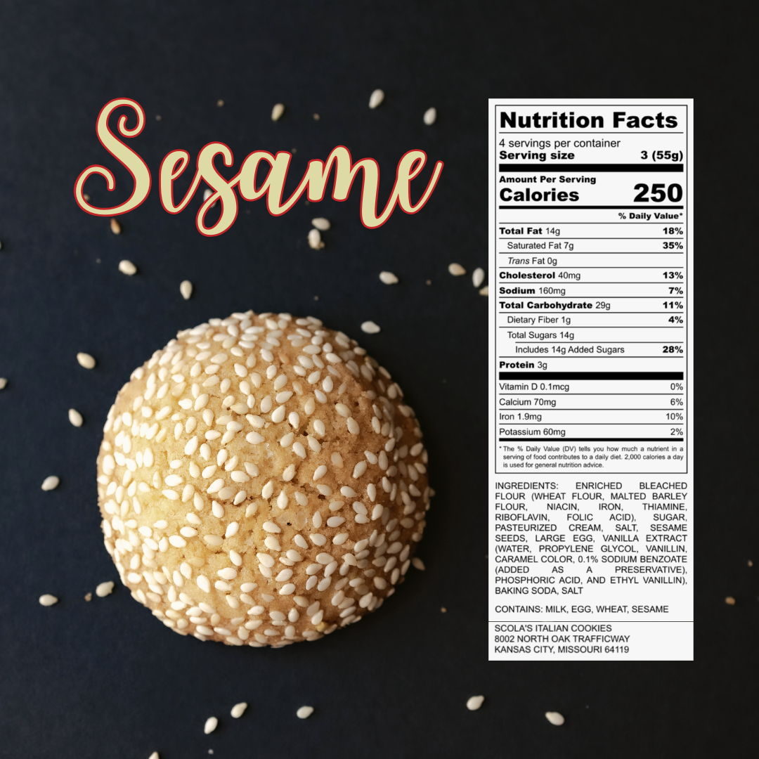 Single sesame-covered cookie on a black background surrounded by sesame seeds, with nutrition label included.