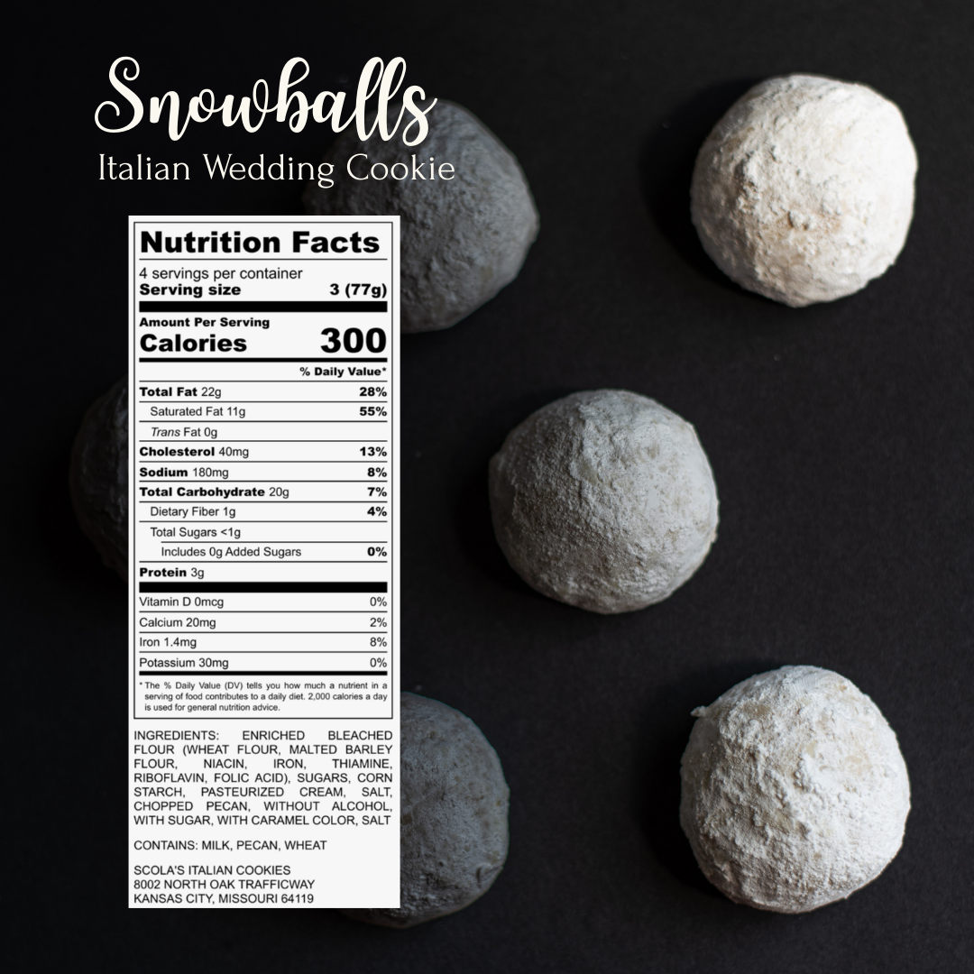 Snowball cookies dusted with powdered sugar on a dark background, labeled as Italian Wedding Cookies with nutrition facts.