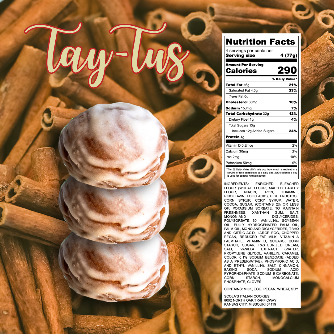 Tay-Tus cookies stacked in front of cinnamon sticks with a full nutrition label on the right.