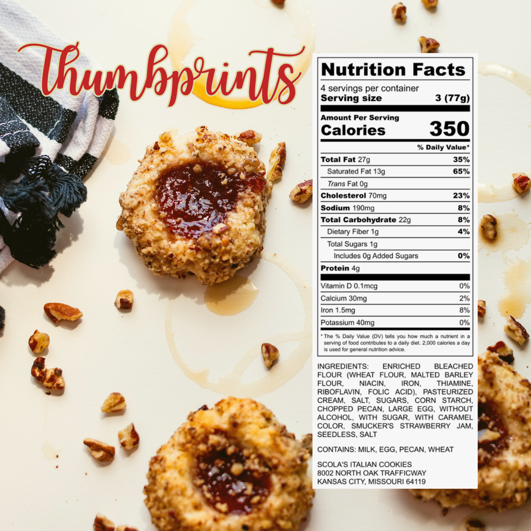 Thumbprint cookies filled with red jam and coated in chopped nuts on a white surface with nutrition label included.