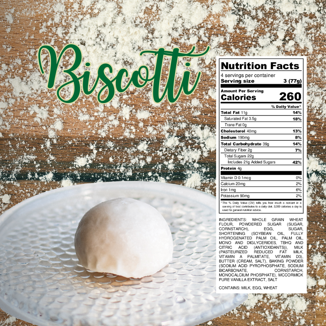 Single vanilla biscotti cookie coated in white icing on a clear plate with flour scattered on a wooden surface and nutrition label displayed.