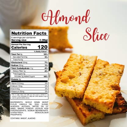 Golden almond slice cookies on a light surface next to a nutrition label showing calories and ingredients.