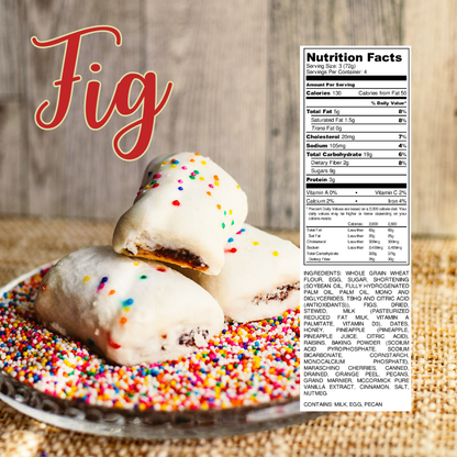 Fig-filled cookies topped with white icing and rainbow sprinkles on a sprinkle-covered plate, with nutrition label displayed.