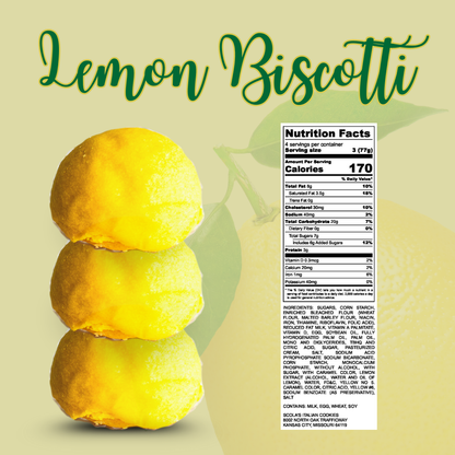 Stack of lemon biscotti cookies against a lemon-colored background with nutrition facts on the right.