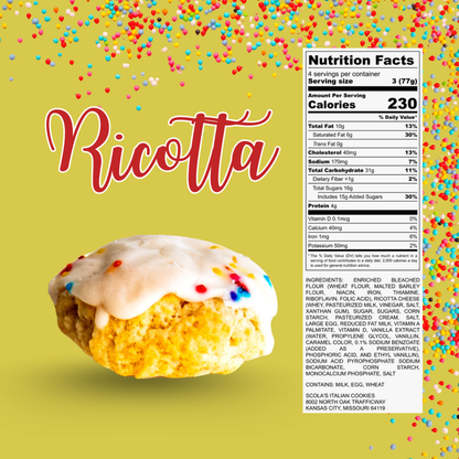 Single ricotta cookie with white icing and colorful sprinkles on a yellow background, with nutrition label displayed.